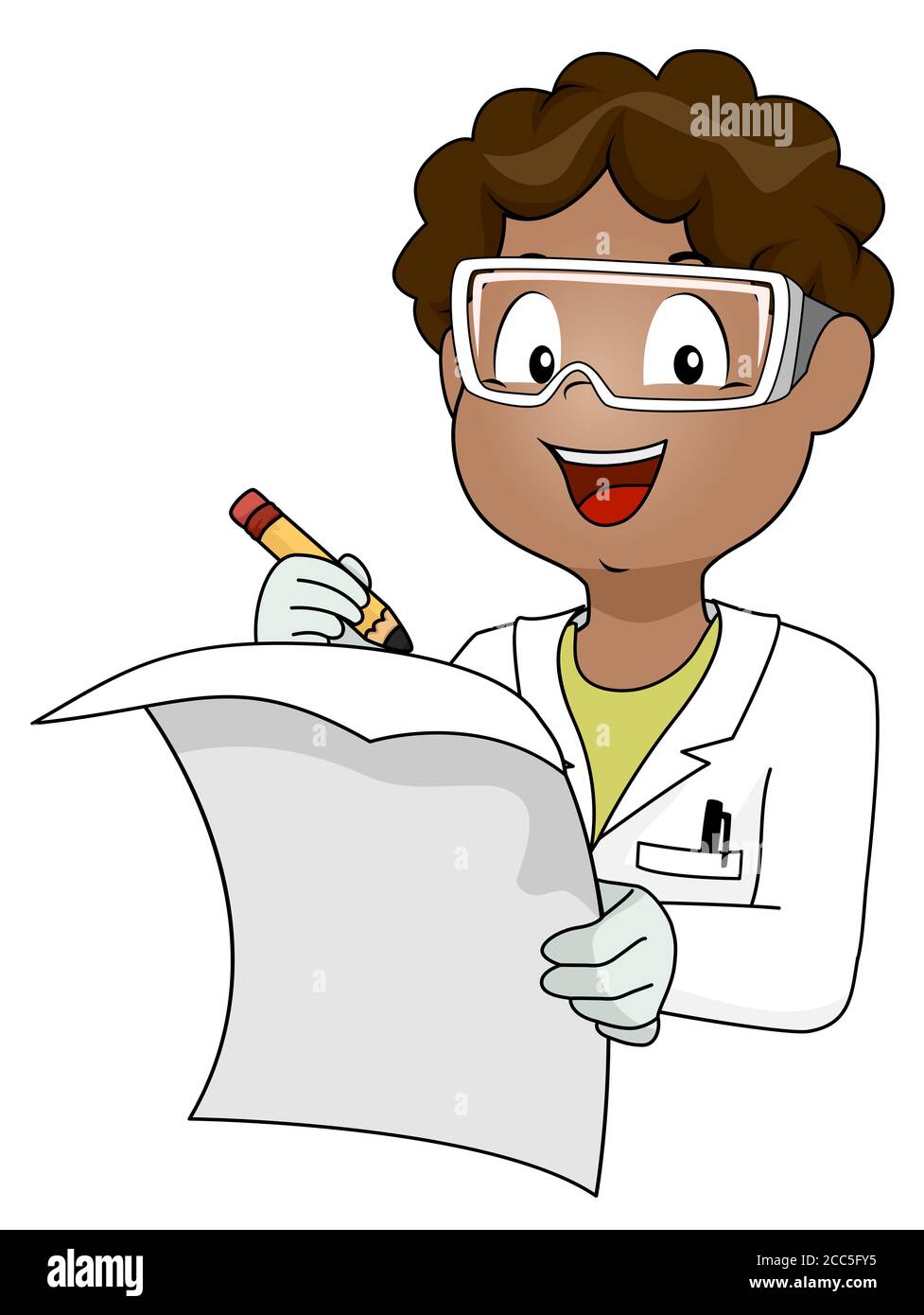 Illustration of an African American Kid Boy Wearing Laboratory Gown, Gloves and Goggles and Writing Findings on Paper Stock Photo