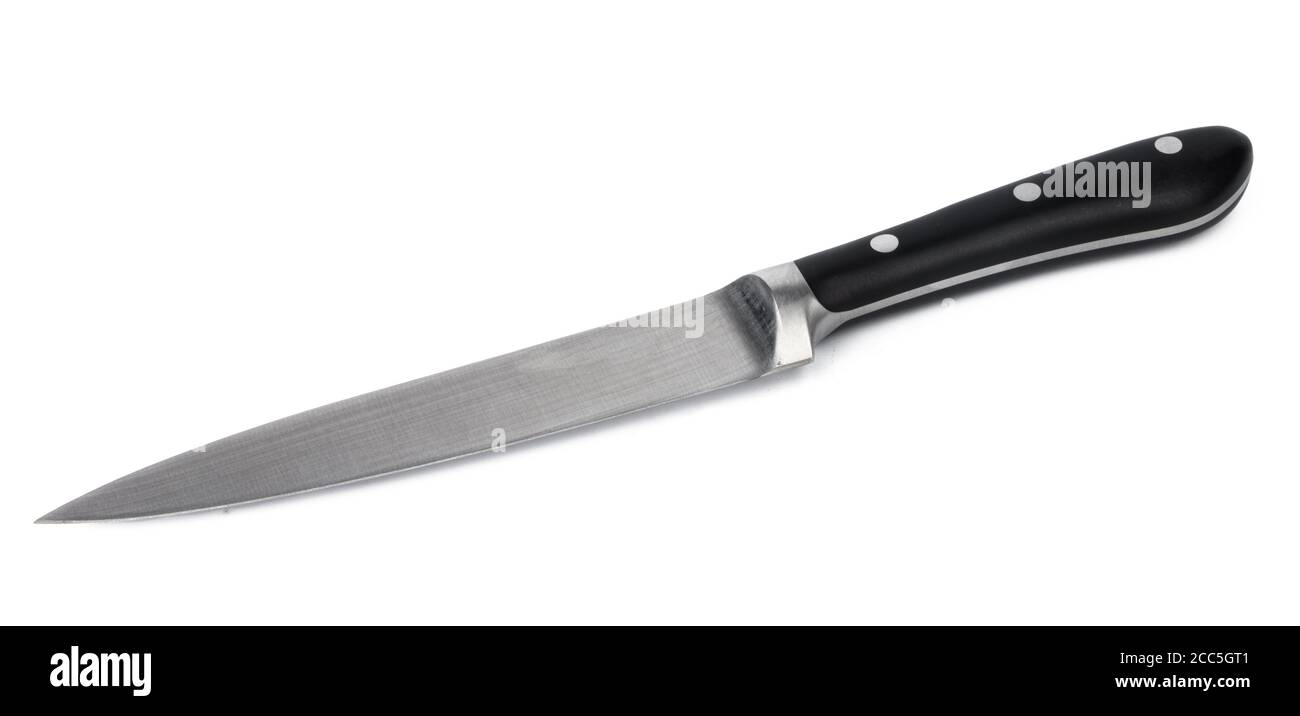 New sharp metal knife on white background Stock Photo Alamy
