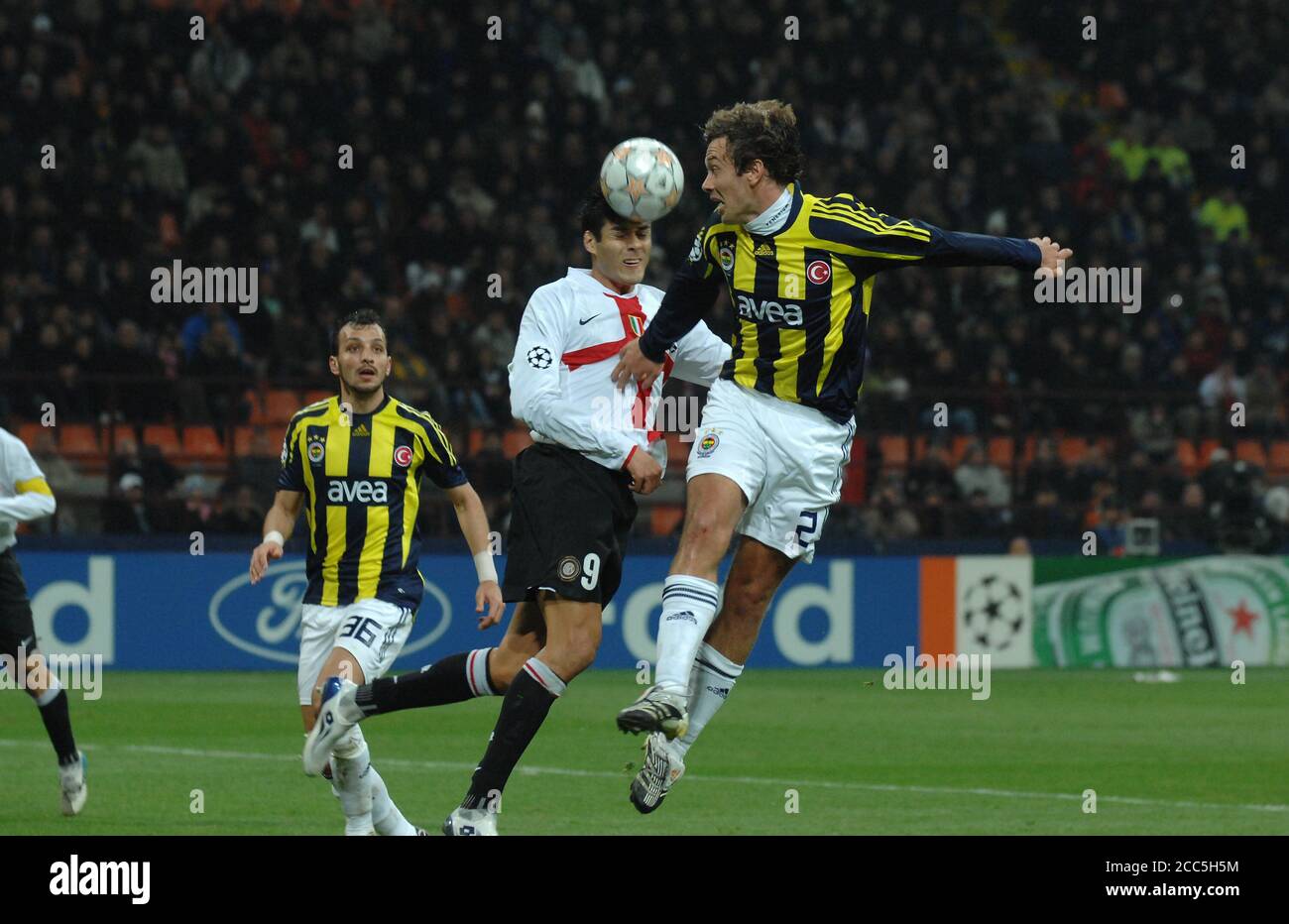 Milan  Italy, 27 November 2007,' G.Meazza'  Stadium, UEFA Champions League 2007/2008 ,FC Inter - SK Fenerbahce : Diego Lugano and Julio Cruz in action during the match Stock Photo
