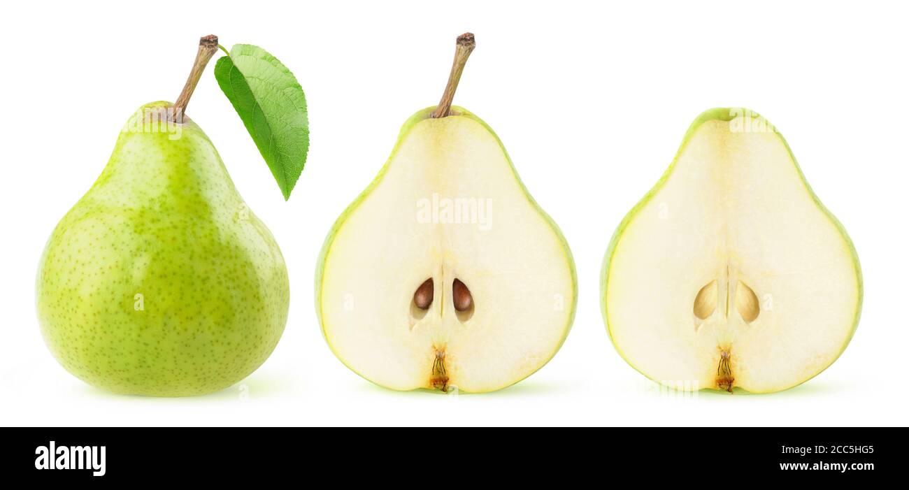 Whole green bartlett pear with leaf and pear halves in a row isolated on white background Stock Photo