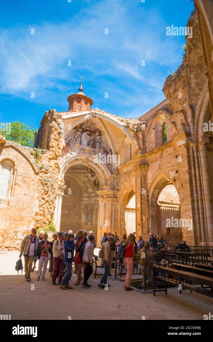 Tourists visiting the ruins of the church. Santa Maria de Piedra monastery, Nuevalos, Zaragoza province, Aragon, Spain. Stock Photo