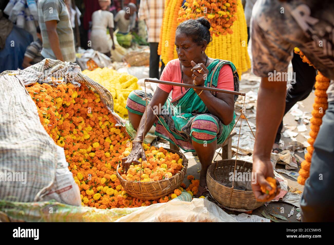 Vendors sell at the Mullick Ghat Flower Market in Kolkata (Calcutta