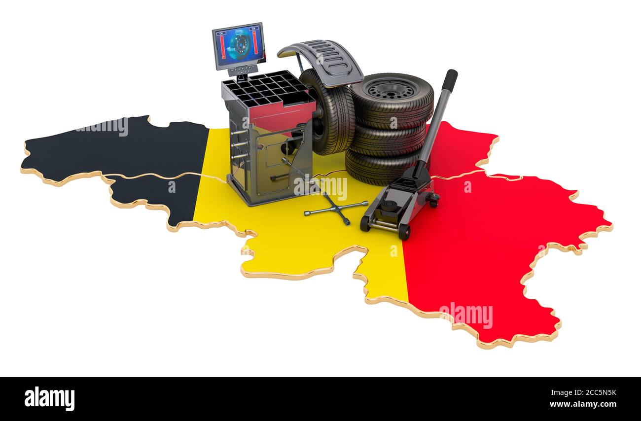 Tire Fitting and Auto Service in Belgium concept. 3D rendering isolated on white background Stock Photo