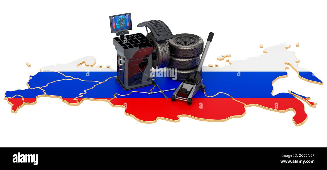 Tire Fitting and Auto Service in Russia concept. 3D rendering isolated on white background Stock Photo