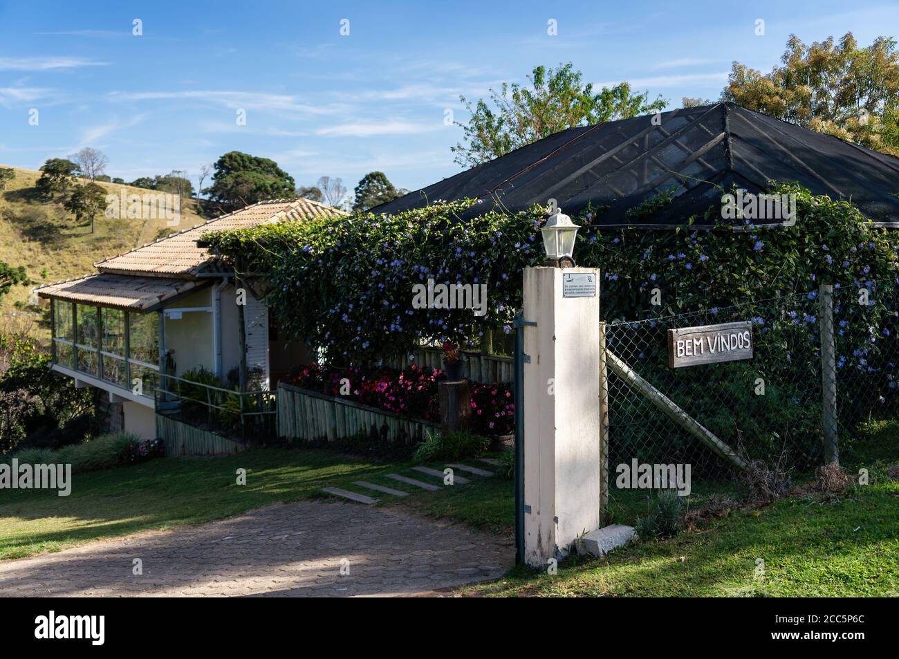 Contemplario farm entrance gate. A local place that distill lavender and aromatic plants to produce fragrant soaps, aromatic sprays, candles and etc. Stock Photo