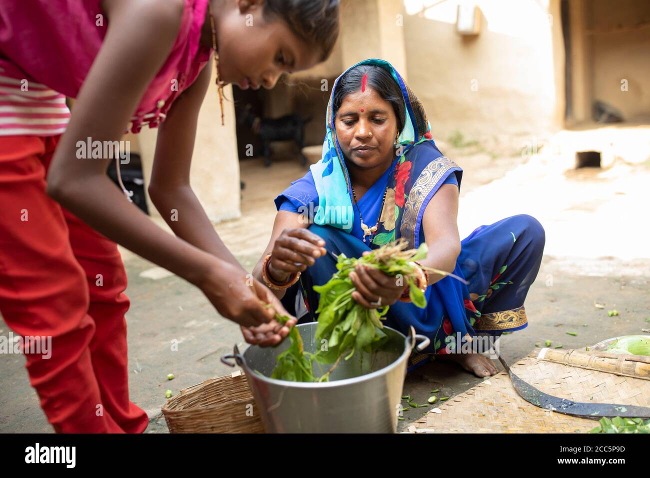 An Indian family prepare vegetables together at their home in rural Bihar, India, South Asia. Stock Photo