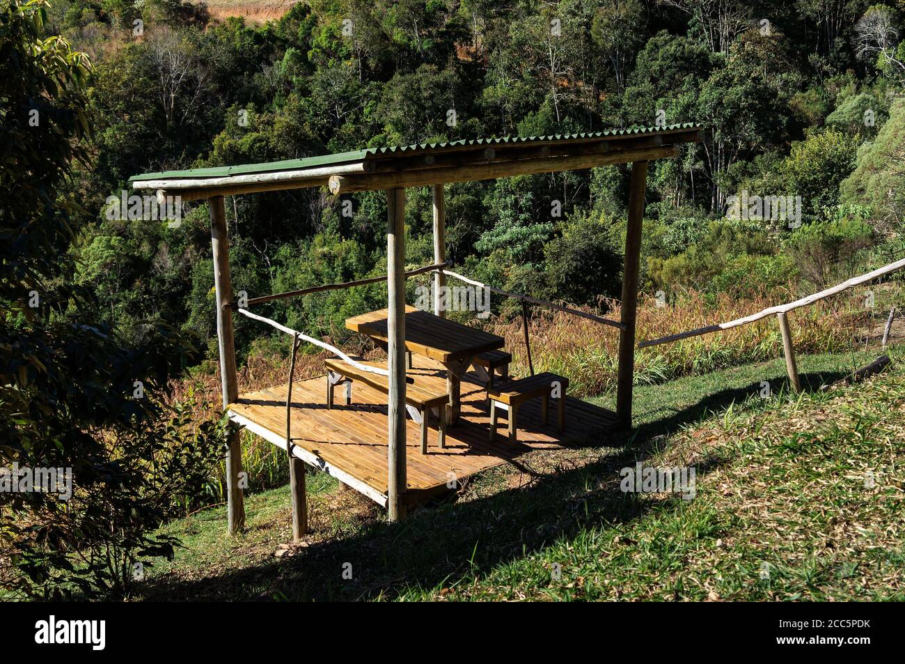 Viewing spot on a hillside inside 'O Contemplario' farm where is possible to view almost the entire ranch located in the mountainous region of Cunha. Stock Photo