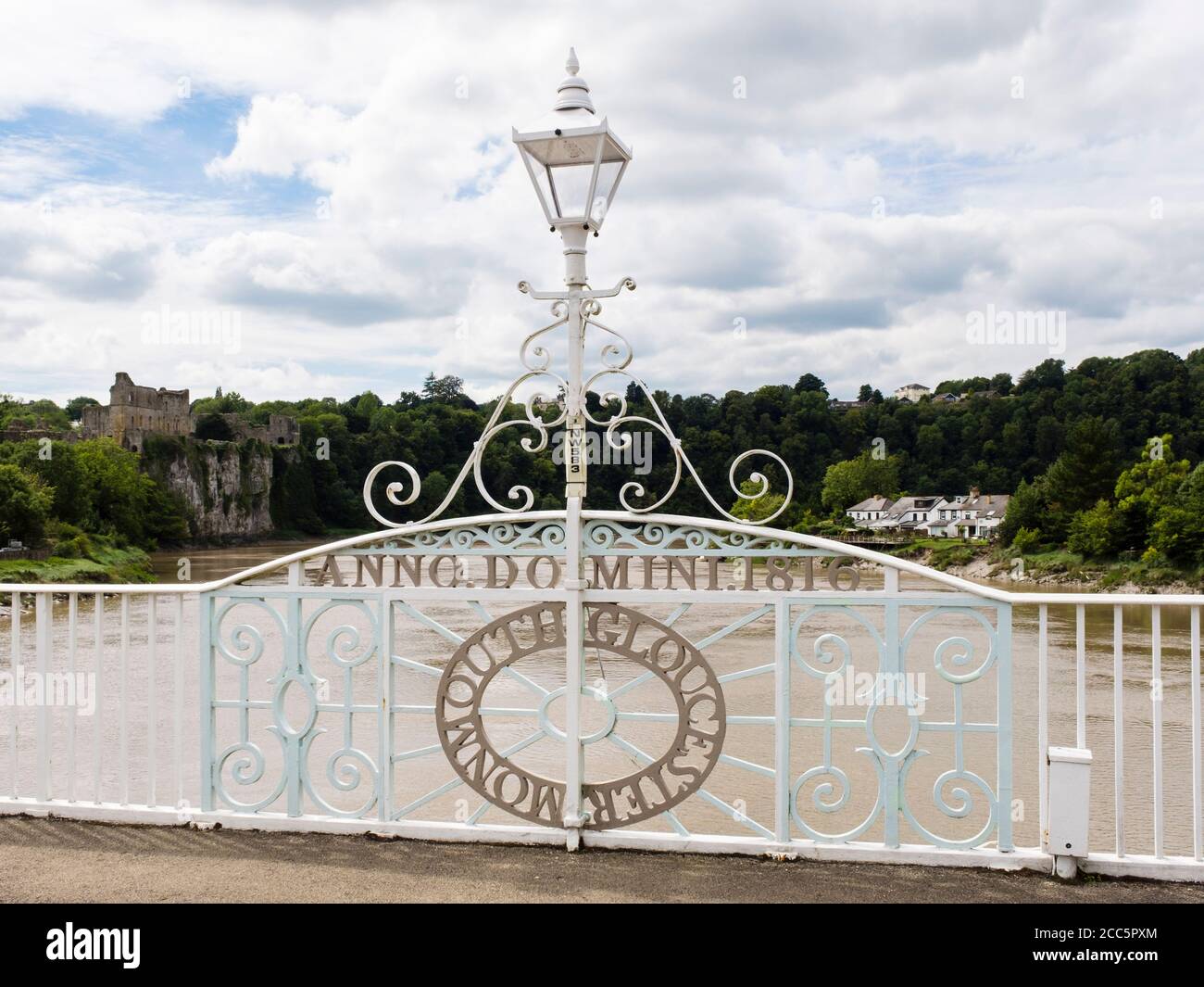 County boundary names on Old Wye Bridge (1816) spanning across River Wye on border between England and Wales. Tutshill, Gloucestershire, England, UK Stock Photo