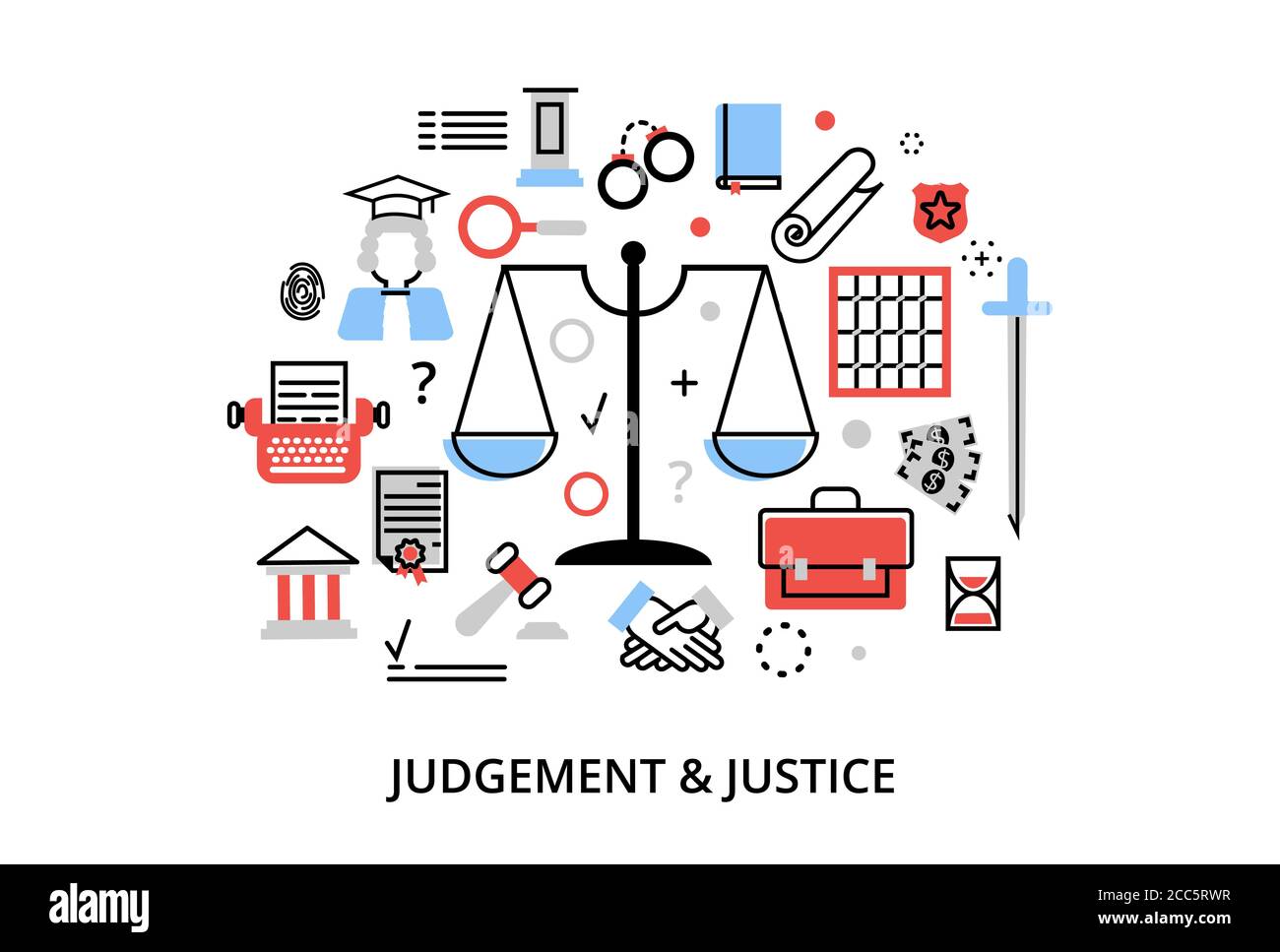 Modern flat thin line design vector illustration, concepts of judgment process, protection of human rights and ordinances of justice, for graphic and Stock Vector