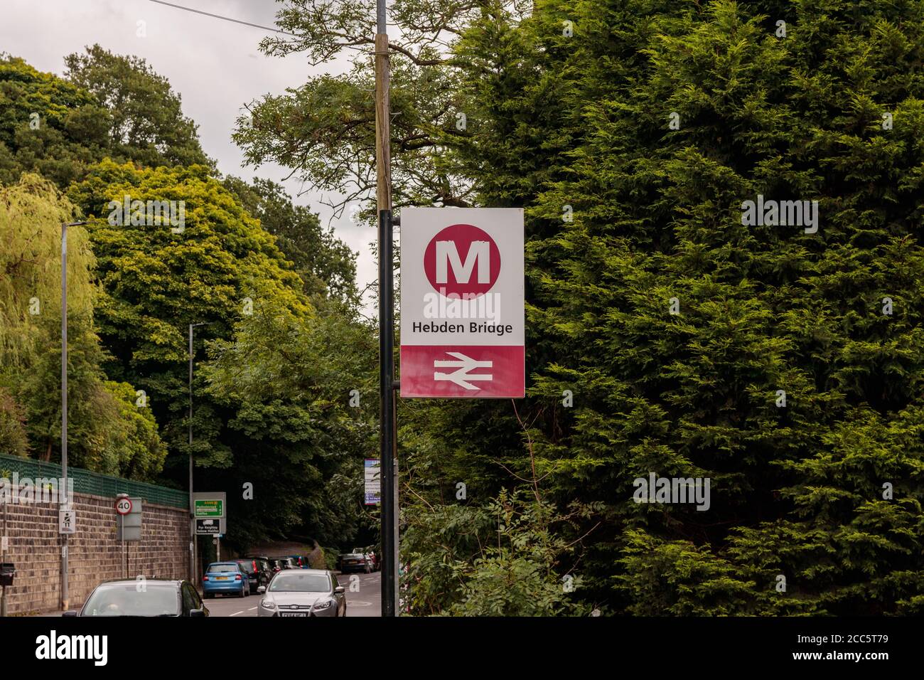 View of the Hebden Bridge train station sign Stock Photo