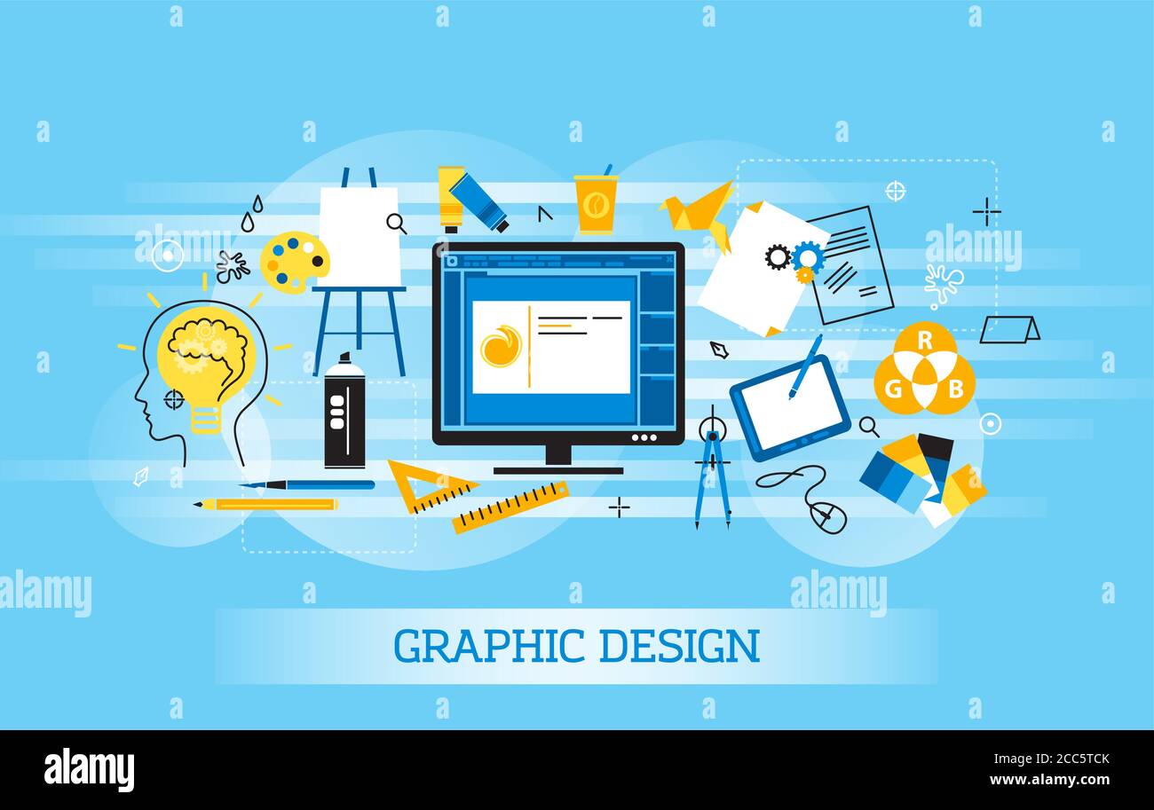 Modern flat thin line design vector illustration, infographic concept of graphic design, designer items and tools, and design development process, for Stock Vector