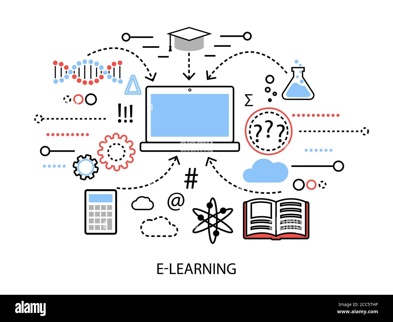 Modern flat thin line design vector illustration, infographic concept of internet learning process and computer technologies in study, for graphic and Stock Vector