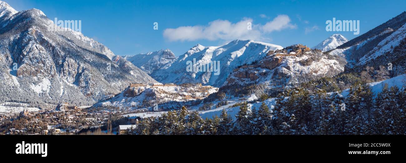 Fort des Trois Tetes and Fort de Randouillet fortifications of Vauban (UNESCO World Heritage Site) in Winter. Briancon, Hautes-Alpes, France Stock Photo