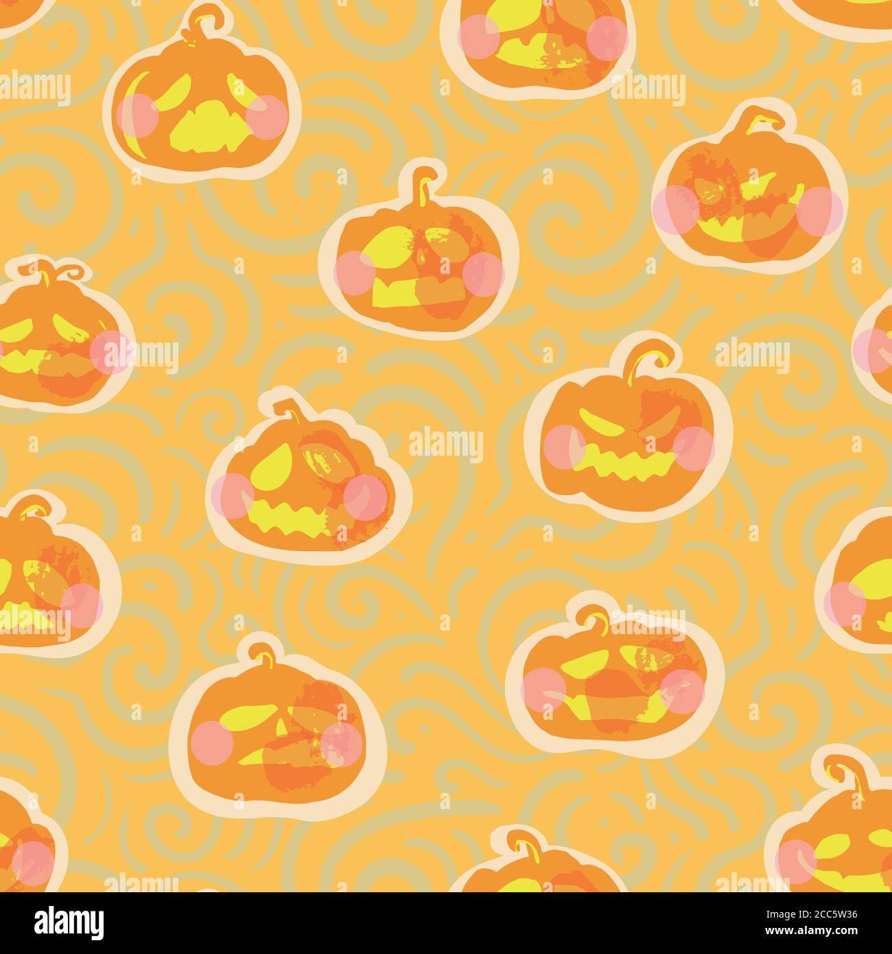 Vector cute kawaii halloween pumpkin seamless pattern. Hand drawn ...