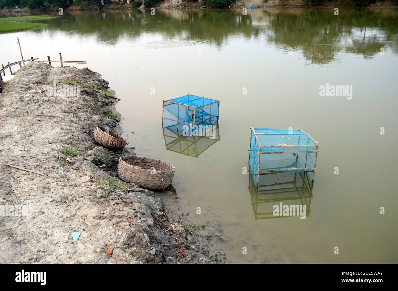 bamboo basket fishing trap and reflection abstract photo Stock Photo