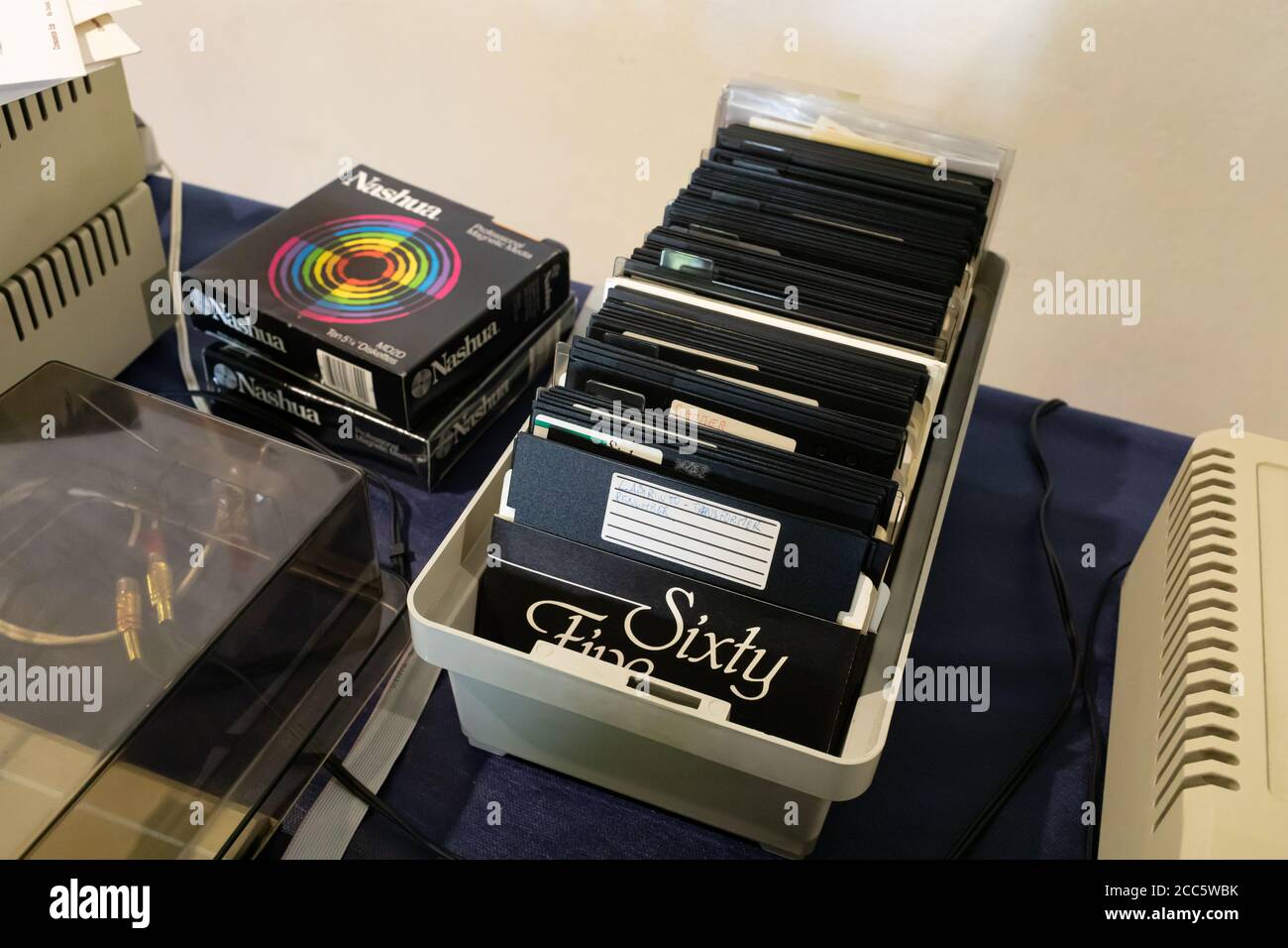 ROME, ITALY - APRIL 27, 2019: Boxes with 5.25 floppy disks produced by Office Data Products and Nashua exhibited at the Vintage Computer Festival Ital Stock Photo