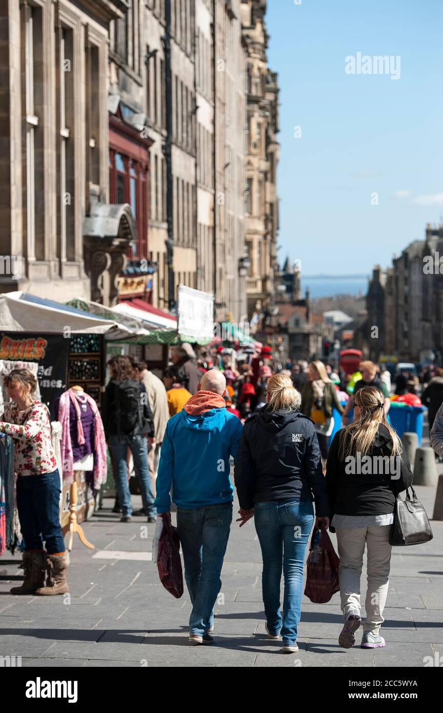 People shopping on Lawnmarket in the city of Edinburgh, Scotland. Stock Photo