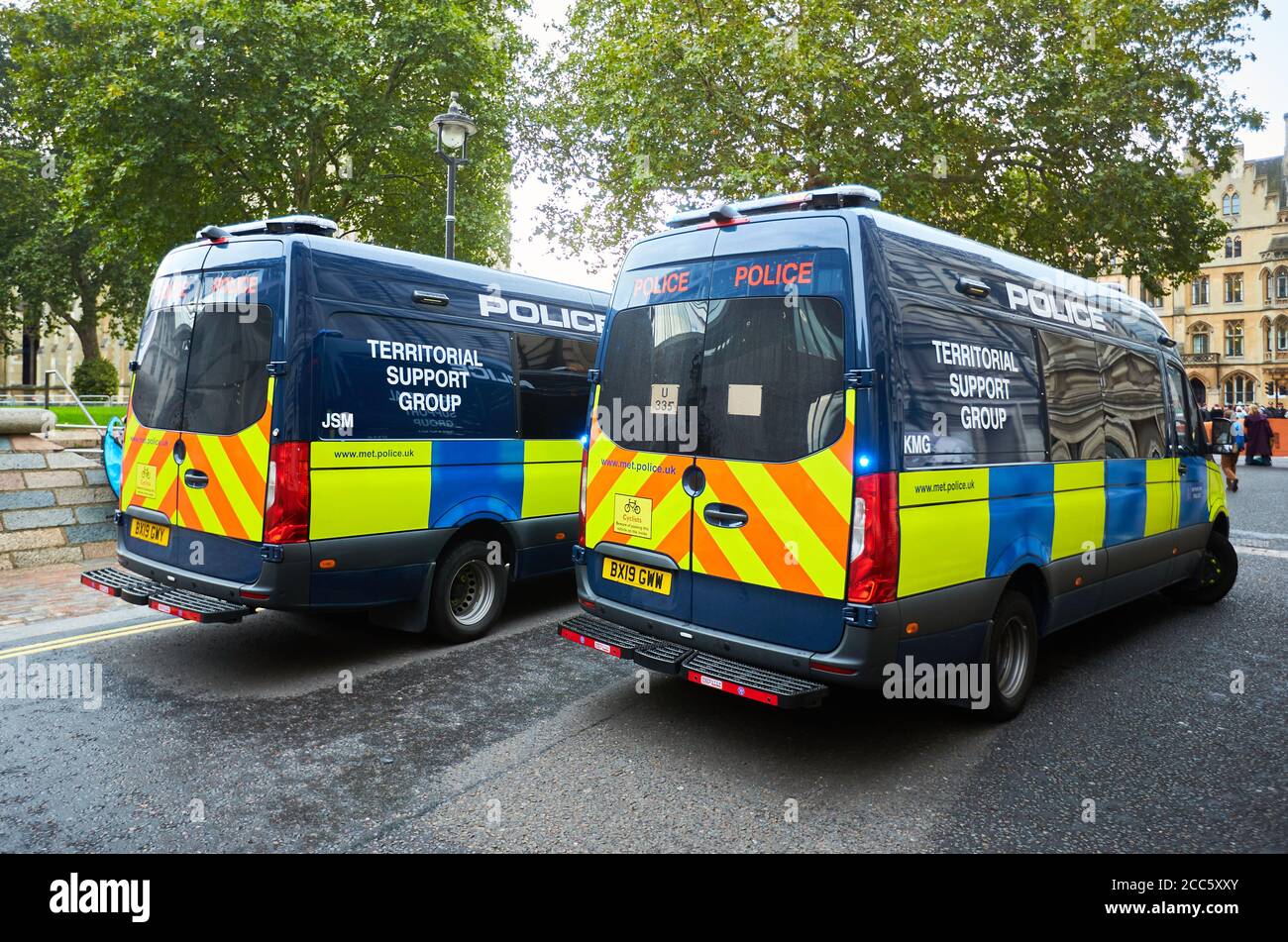 Two police vans from the Territorial Support Group, a unit of the Metropolitan police, parked in central London Stock Photo