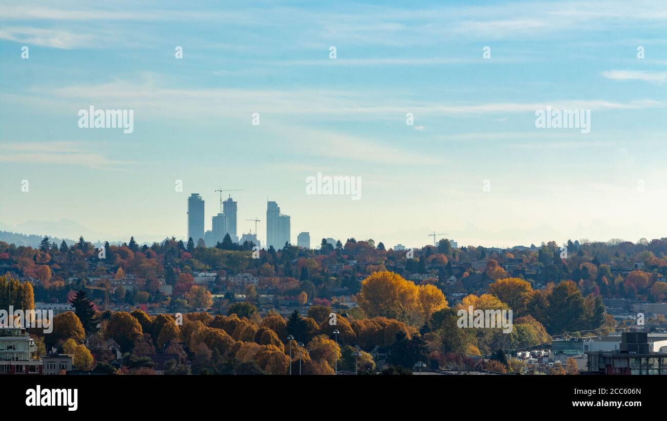 Aerial photo of the city of Richmond in Canada showcasing the beautiful nature and colorful trees and colors of autumn Stock Photo