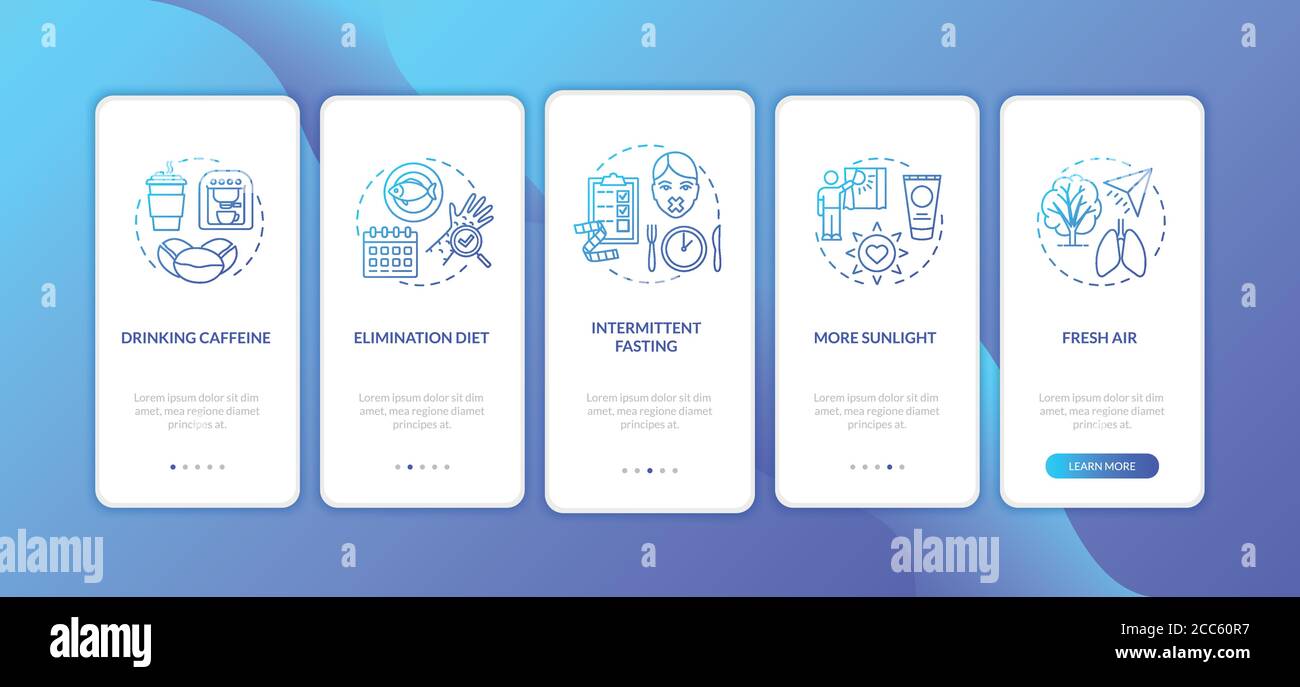 Biohacking tips onboarding mobile app page screen with concepts Stock Vector