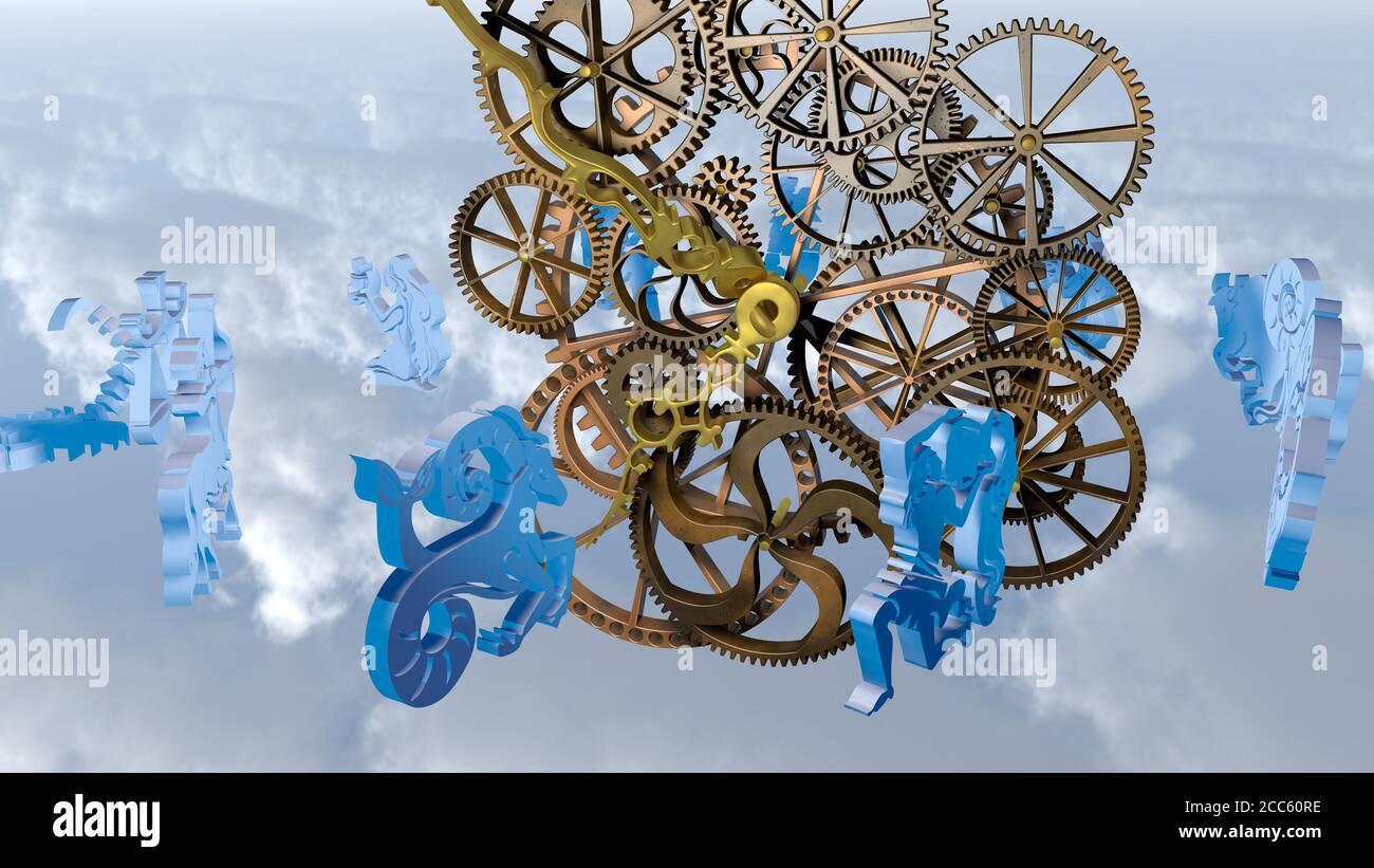 Zodiac horoscope, 12 zodiac signs and a clockwork. 3D rendering Stock