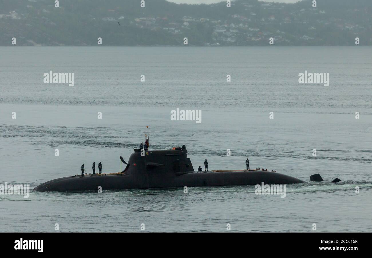 BERGEN NORWAY - 2015 MAY 28. Nato drill with the Dutch navy submarine U36 Type 212A in the fjord in Norway. Stock Photo