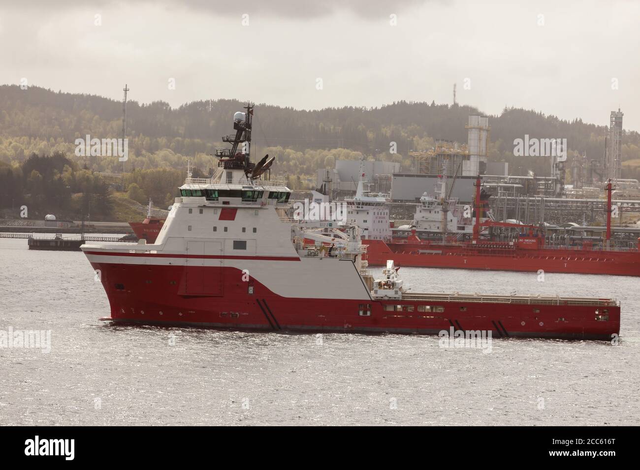 BERGEN NORWAY - 2015 MAY 16. Side view of the offshore AHTS vessel Boa Bison inside the harbour. Stock Photo