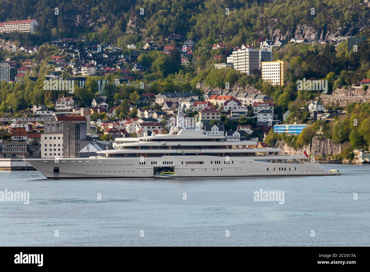 BERGEN NORWAY - 2015 MAY 28. The Eclipse Mega yacht at anchor in Bergen owned by Russian businessman and Owner of Chelsea F.C Roman Abramovich. Stock Photo