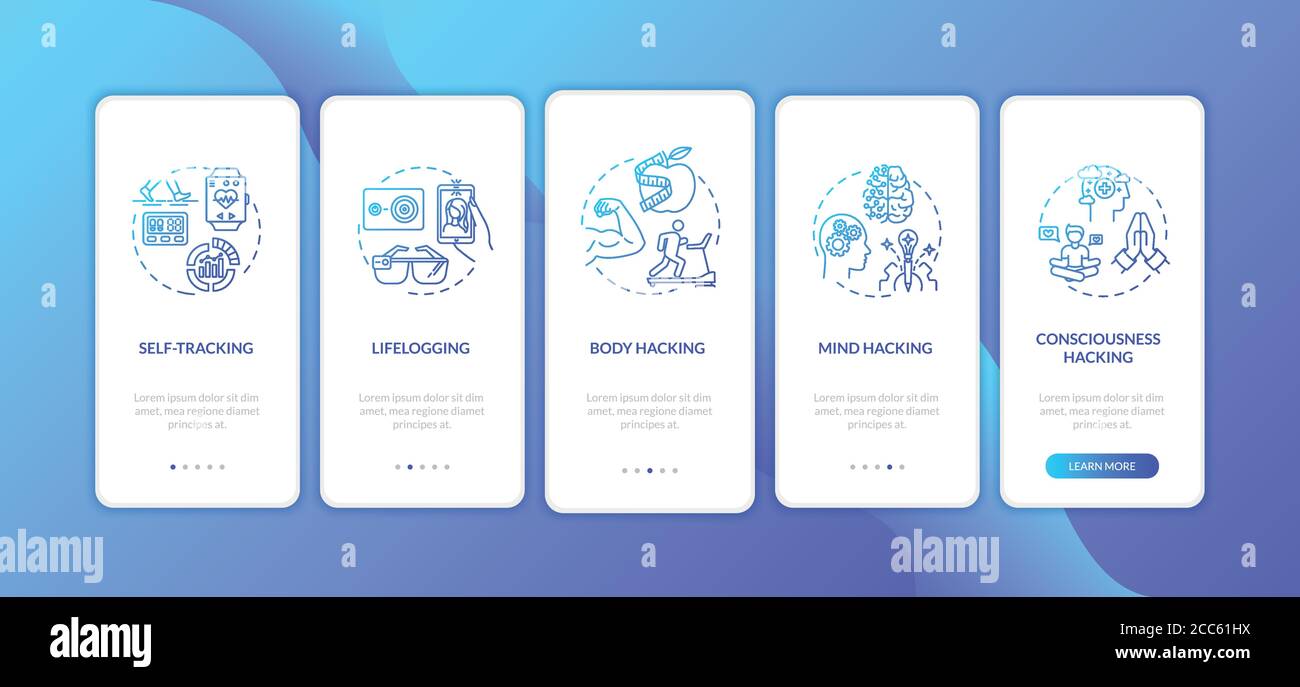 Biohacking elements onboarding mobile app page screen with concepts Stock Vector