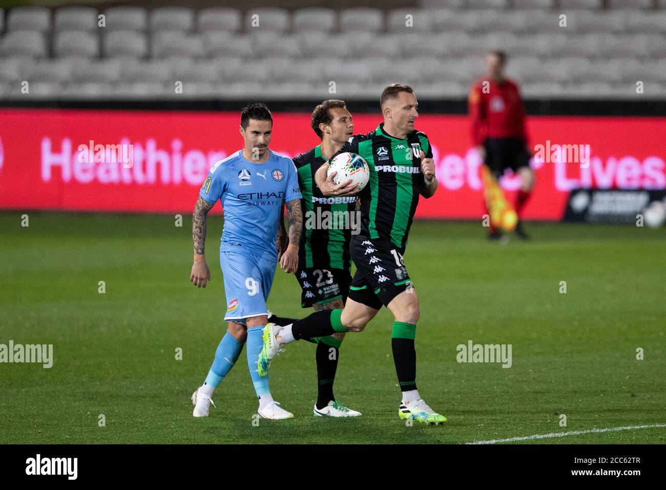 Sidney, Australia. 19th Aug, 2020. Western United forward Besart Berisha  (18) scores a from the penalty