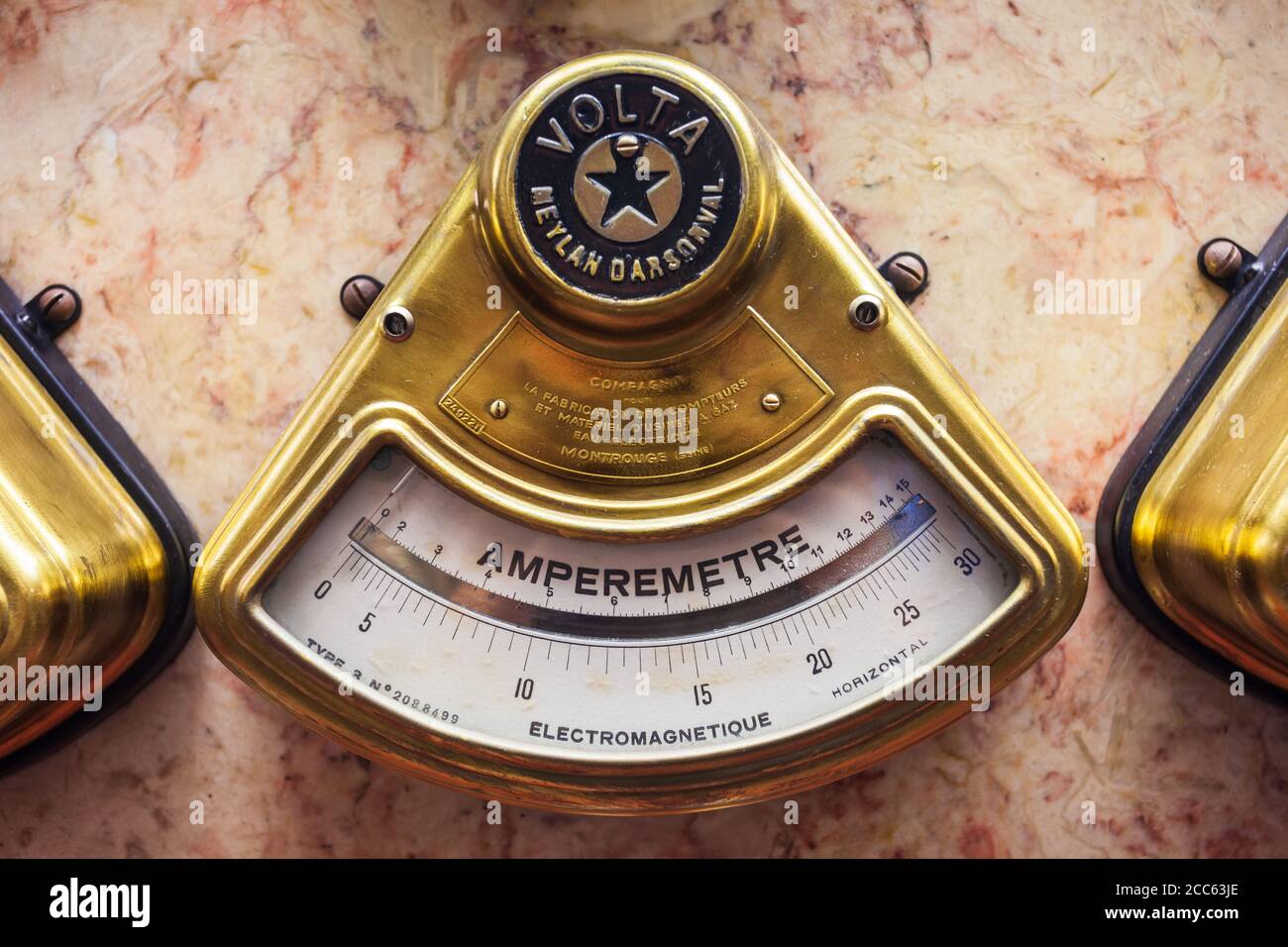 LISBON, PORTUGAL - JUNE 25, 2014:Vintage retro ammeter or ammeter device at the Tejo Power Station Electricity Museum in Lisbon city, Portugal Stock Photo