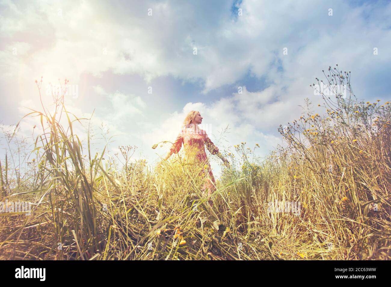 dreamy woman walking in nature towards the sun and the unknown infinite Stock Photo