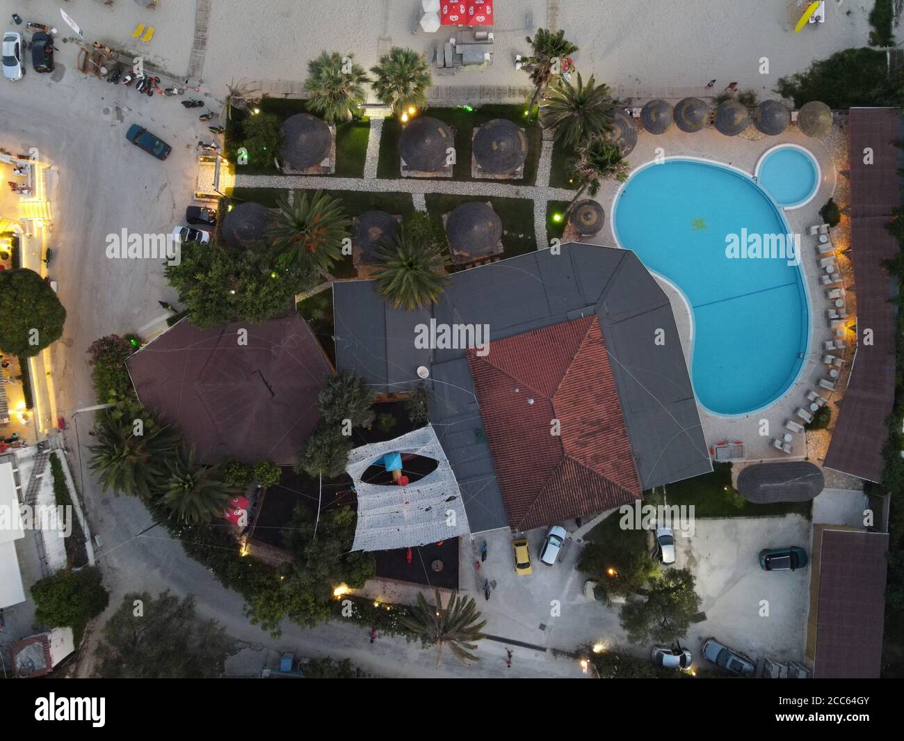 aerial photo of mango beach bar restaurant and swimming pool in valtos