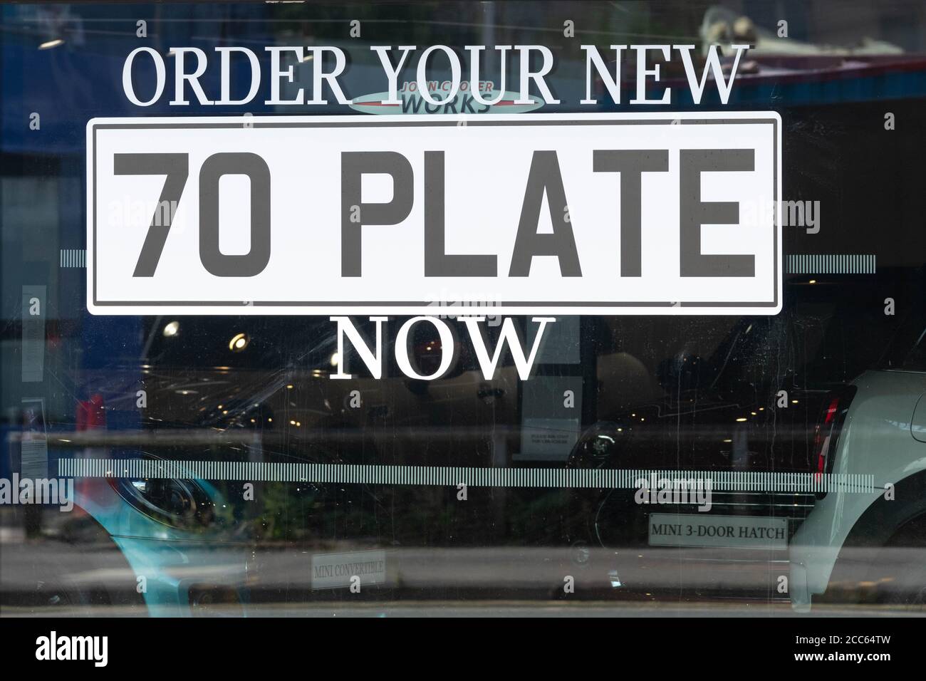 70 plate new car advertisement in Douglas Park Mini dealer garage