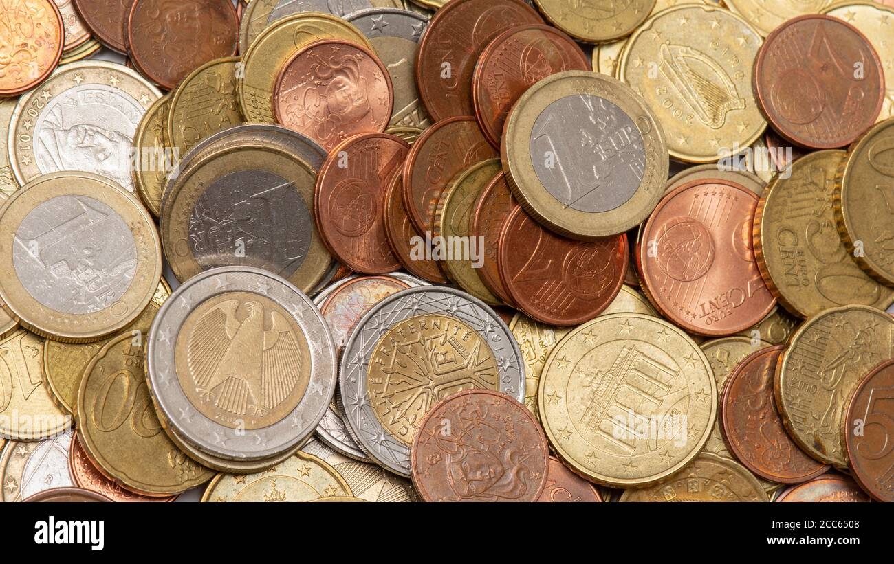 Bulk of various euro coins from different countries in Europe. View from above Stock Photo