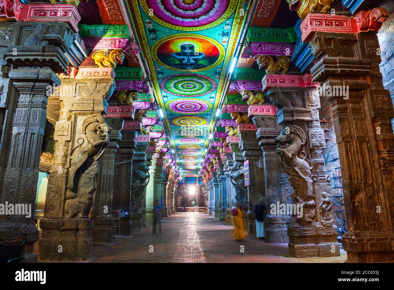MADURAI, INDIA - MARCH 23, 2012: The thousand pillar hall inside Meenakshi Temple, a historic hindu temple in Madurai city in Tamil Nadu in India Stock Photo