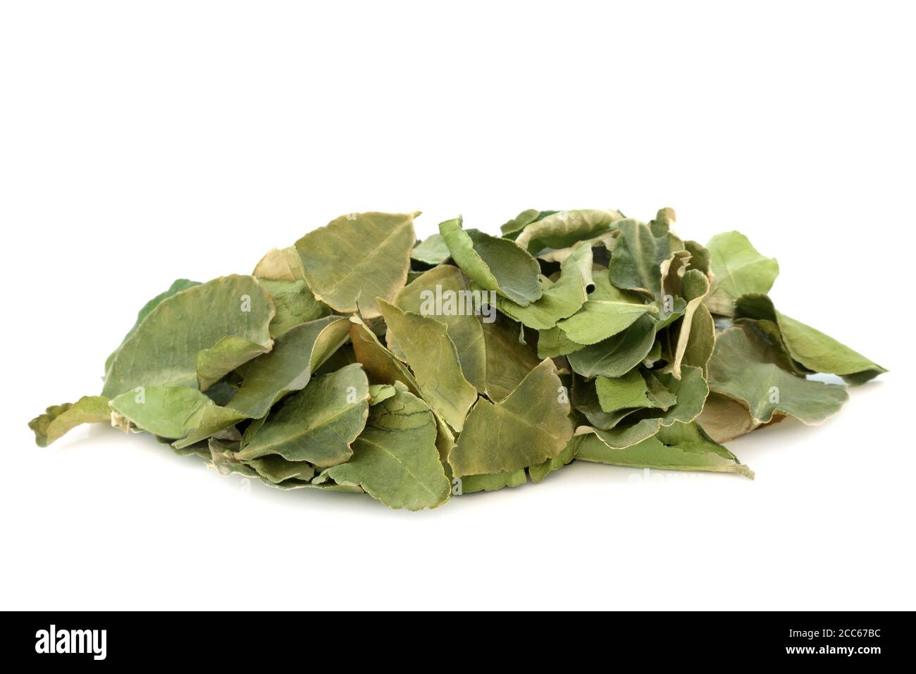 Kaffir lime leaf herb used in herbal medicine for oral health, to boost skin health, detoxify the blood, indigestion, flatulence, dandruff and nausea. Stock Photo