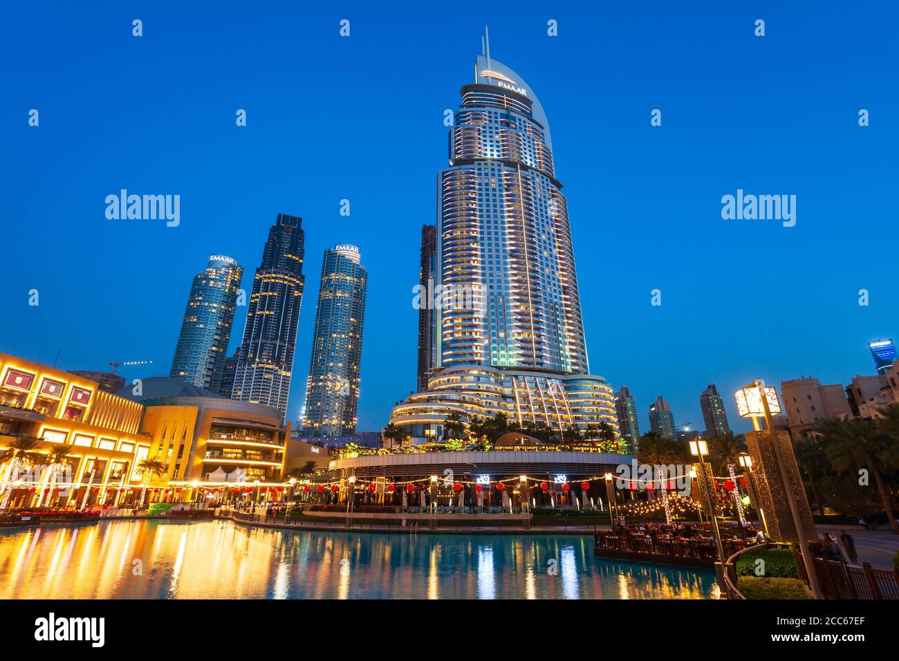 DUBAI, UAE - FEBRUARY 24, 2019: Address Downtown is a 63 story supertall hotel and skyscraper in the Burj Dubai Development Area of Dubai, UAE Stock Photo