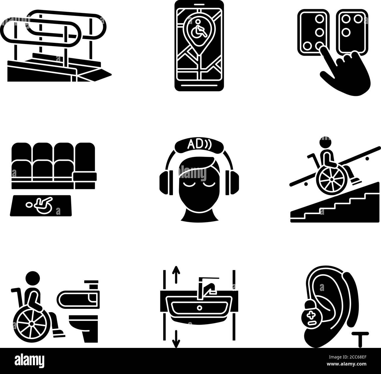 Facilities for people with disabilities black glyph icons set on white space Stock Vector