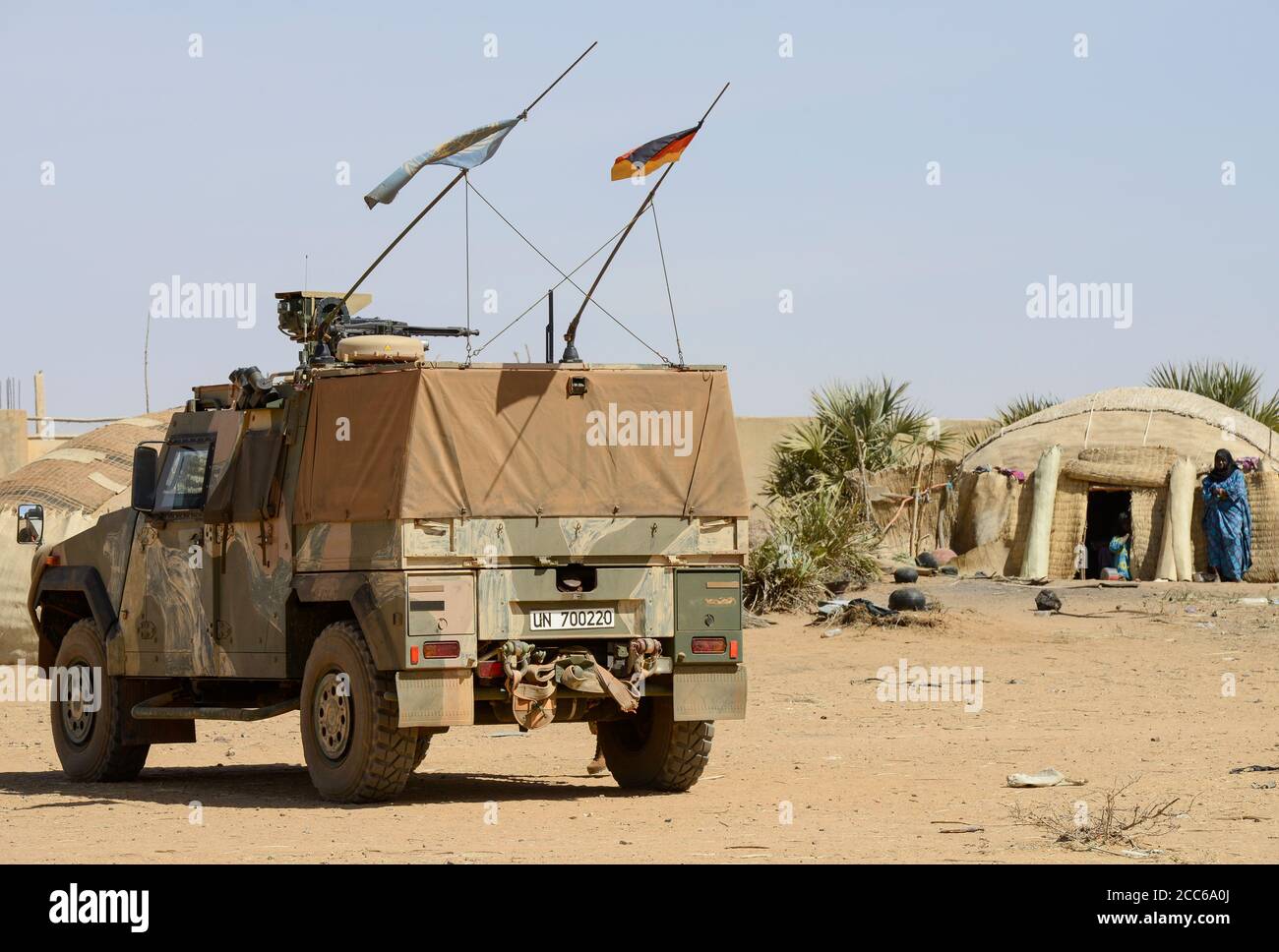 MALI, Gao, Minusma UN peace keeping mission, Camp Castor, german army Bundeswehr, patrol with Eagle Mowag armored vehicle in village BAGOUNDJÉ Stock Photo