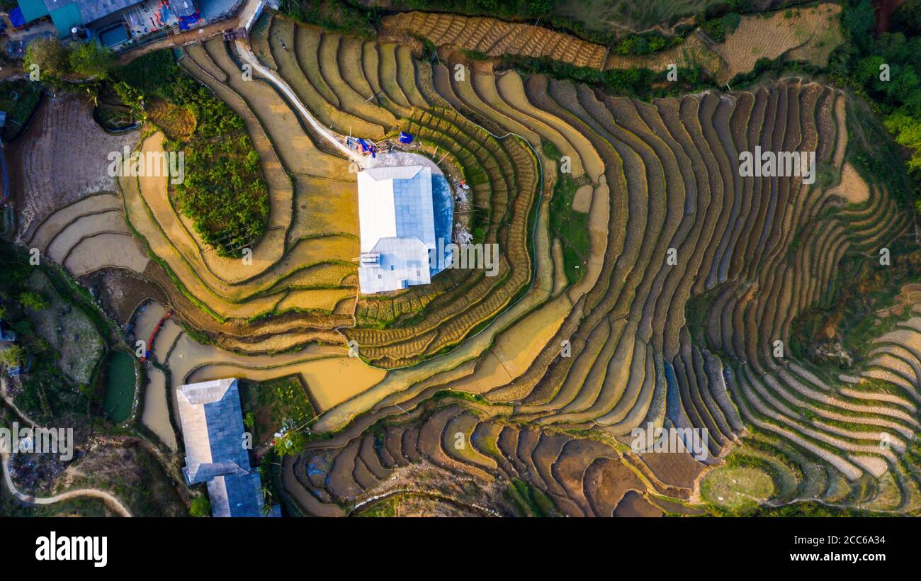 Aerial top view of paddy rice terraces, green agricultural fields in countryside or rice field terraces. Mountain view in the clouds in Sapa, Lao Cai Stock Photo