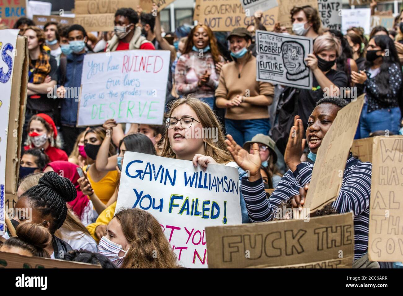 A level students protest in Central London against the government and having their results downgraded due to Covid-19. 10/08/20 Stock Photo