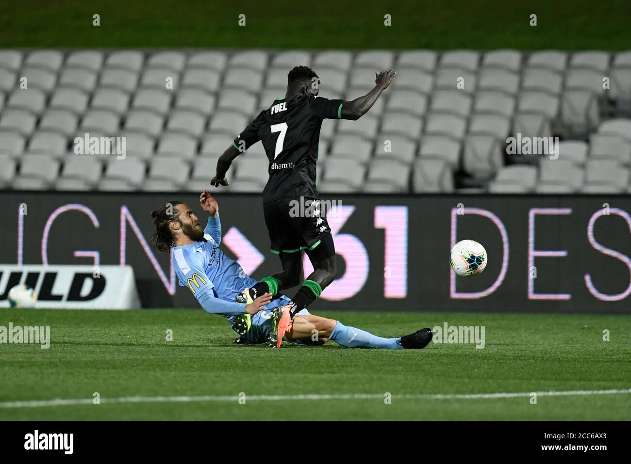 19th August 2020; Jubilee Oval, Sydney, New South Wales, Australia; A League Football, Western United FC versus Melbourne City FC; Joshua Brillante of Melbourne City tackles Kuach Yuel of Western United Stock Photo