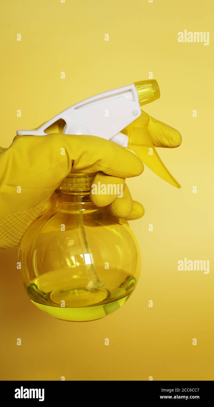 Hand in yellow rubber glove holding plastic spray bottle with cleaning ...
