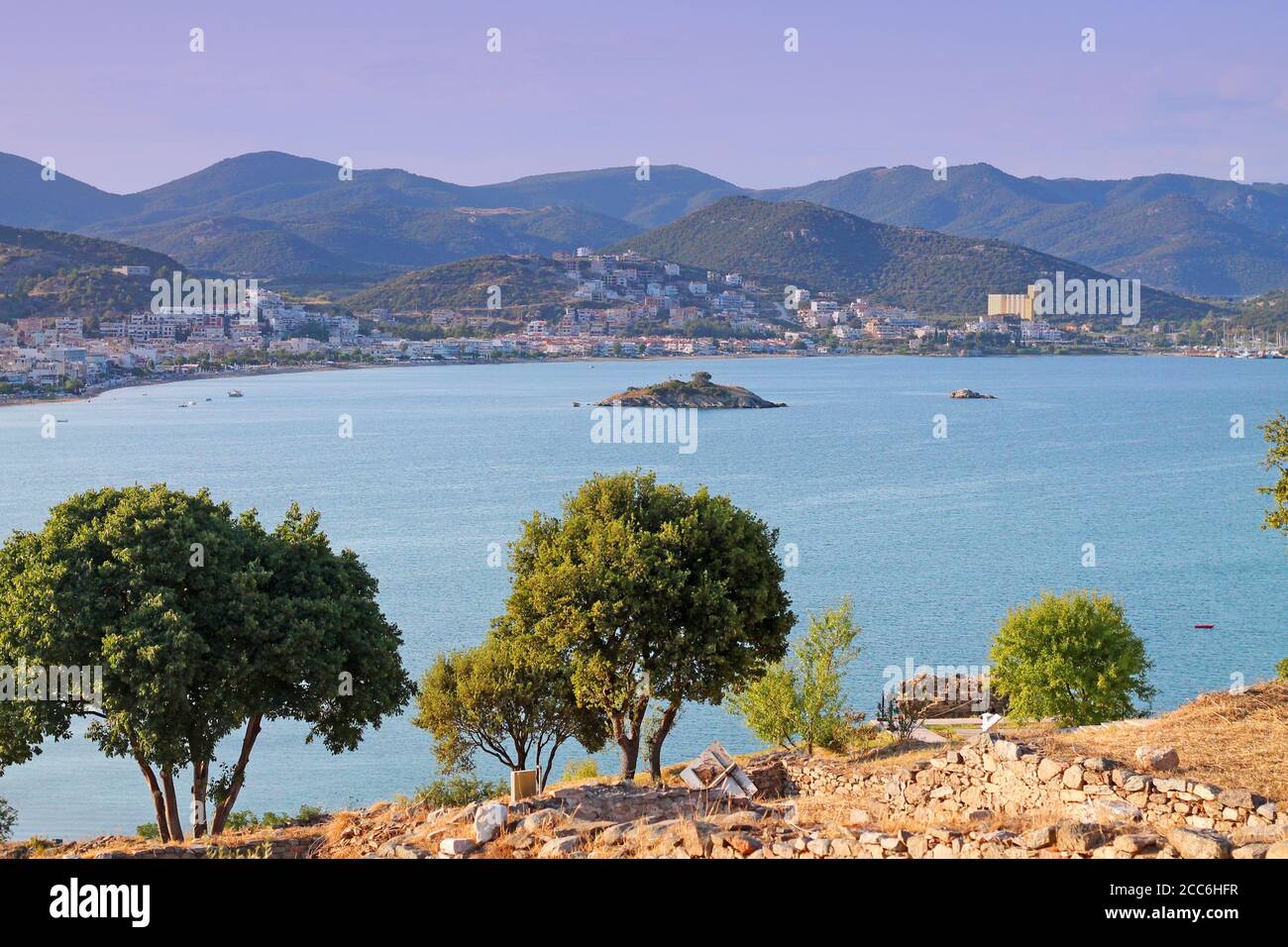 View from medieval castle Anaktoroupolis on town Nea Peramos. Greece, Aegean Sea. Stock Photo
