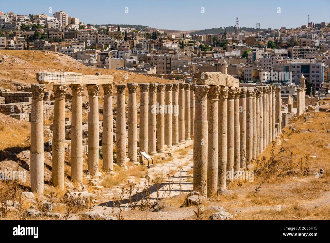 Ruined row of Corinthian columns lining paved Cardo, Roman city of Jerash, Jordan, Middle east Stock Photo