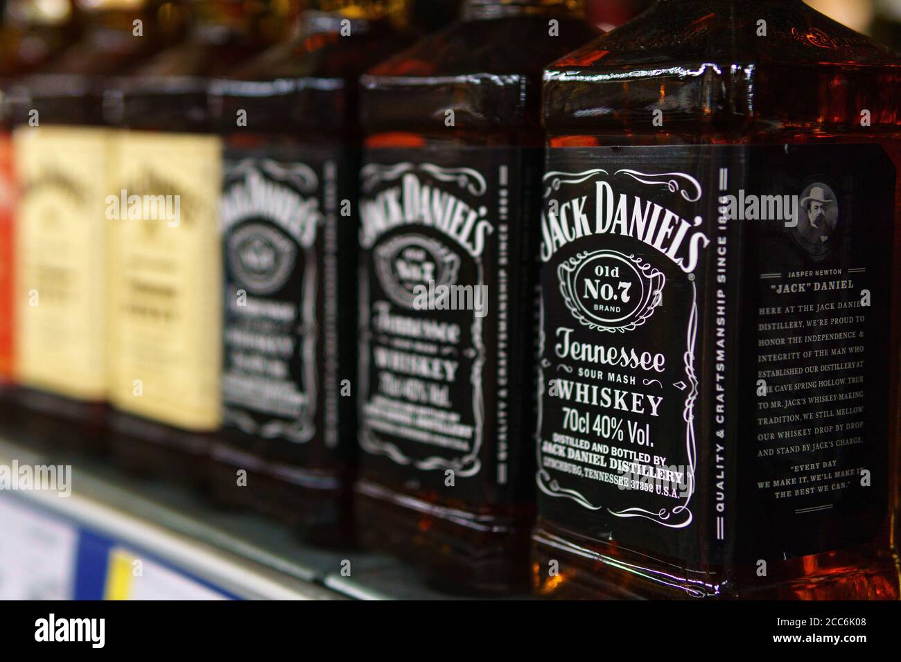 Tyumen, RussiaJuly 12, 2020 Jack Daniels whiskey on store shelf. top