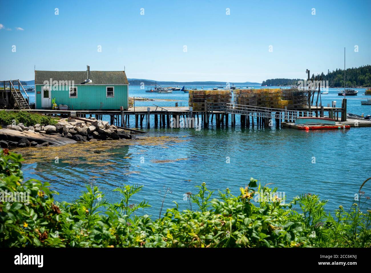 Dock and lobster traps in Stonington Maine Stock Photo