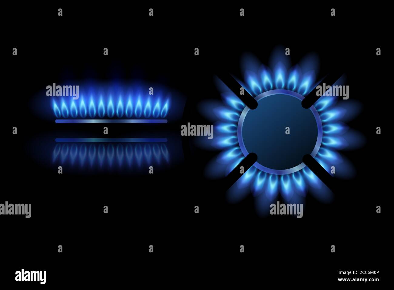Set of modern gas burners with blue flame, black steel grate. Top view, front view gas burner