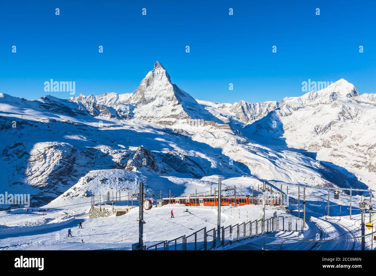 Zermatt, Switzerland - December 31, 2014 -The train of Gonergratbahn running to the Gornergrat station in the famous touristic place with clear view t Stock Photo